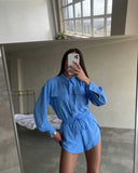 GOOSUDU New 2025 style cross-border fashion suit lapel long-sleeved solid color shirt top shorts button two-piece set wholesale