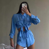 GOOSUDU New 2025 style cross-border fashion suit lapel long-sleeved solid color shirt top shorts button two-piece set wholesale