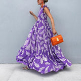 2025New spring and summer new  women's clothing  violet printing sleeveless waist pendulum dress