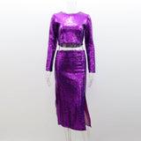 ANTMVS2025 style sequin suit, sexy party nightclub women's clothing, long-sleeved short top, split skirt, bead piece two-piece set