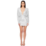 Popular trade women's deep V-pleated long-sleeved dress summer high-end hip-wrapped backless sequin dress women