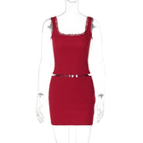 GOOSUDU popular 2025 autumn popular women's clothing lace suspender square neck Spice Girl top solid color hip skirt set