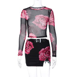 GOOSUDU 2025 fashion new two-piece set, sexy mesh long-sleeved top, slim-fitting short split-ended printed skirt suit, women