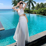 2025 super fairy white hollow slanted shoulder dress women's summer high-end temperament seaside vacation waist long skirt