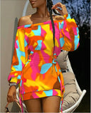 Popular trade popular spring and summer new  wish  round neck tie-dye printing long-sleeved loose dress