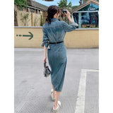 2025 Autumn retro denim skirt long-sleeved dress  early autumn new women's clothing fashion trend split high sense