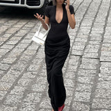 GOOSUDU New Winter New Women's Clothing Sexy Deep V Short Sleeve Solid Color Spice Girl Wind Folded Long Dress One piece