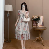 summer new  light luxury mesh printing splicing waist thin medium and long temperament dress dress women