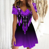 New Spring and Summer V-neck Short Sleeve Midi Dress Retro Ethnic Colorful Digital Printing Sweet Women's Clothing Wq20