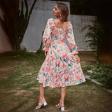 2025 summer new  2025 New Popular trade square collar horn long sleeve high waist dress loose dress