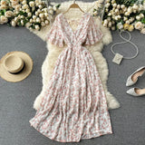 Seaside Holiday Dress Summer 2024 New Sexy V-neck Tight Waist Slimming Long Chiffon Floral Beach Dress