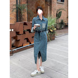 2025 Autumn retro denim skirt long-sleeved dress  early autumn new women's clothing fashion trend split high sense
