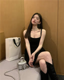 Black Camisole Dress Women's Summer Square Collar Retro  High-Grade A- line Skirt Temperament Waist-Controlled Skirt