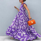 2025New spring and summer new  women's clothing  violet printing sleeveless waist pendulum dress