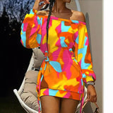 Popular trade popular spring and summer new  wish  round neck tie-dye printing long-sleeved loose dress