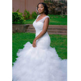 goosudu Light Luxury Beaded Bridal Wedding Dress V-neck Beaded Fishtail Dress White Ruffled Mesh Trailing Wedding Main Wedding Dress