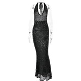 2025 popular fashion new sexy sleeveless deep V neck dress temperament slim backless sequined evening dress