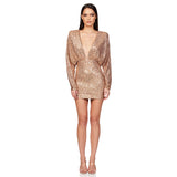 Popular trade women's deep V-pleated long-sleeved dress summer high-end hip-wrapped backless sequin dress women