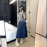 2025 Gradual change of color denim strap dress women's summer  new Xiaofei sleeve design feeling waist and thin A-shaped skirt