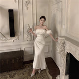 2025 Hepburn style  high-end one-word shoulder dress women's autumn and winter new feather satin tube top evening dress