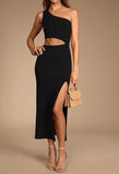 2023 European and American  New Women's Summer One Shoulder Sleeveless Hollow out Side Slit Tight Extra Long Dress