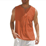 GOOSUDU Cross-Border  Hot Sale New Men's Vest Shirt Lace-up Fashion Solid Color Cotton Linen Short Sleeve T-shirt