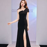 goosudu Host Evening Dress Dress Light Luxury Minority One-Shoulder Black Long Dress Fishtail off-the-Shoulder Gown Women