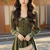 2025 autumn new temperament celebrity rich daughter high sense wear dark green lapel velvet dress