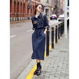 2025 Hong Kong-style retro shawl denim dress women's  autumn niche chic waist thin medium and long skirt