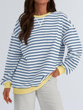 GOOSUDU New  2025 style clothing autumn and winter new round neck contrasting top striped loose long-sleeved fashion sweater