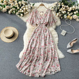 Seaside Holiday Dress Summer 2024 New Sexy V-neck Tight Waist Slimming Long Chiffon Floral Beach Dress