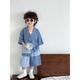 Boys' Summer Antique Short Sleeve Suit New Loose Denim Breathable Children's Hong Kong Style Fashion Baby Two-Piece Suit Fashion