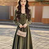 2025 autumn new temperament celebrity rich daughter high sense wear dark green lapel velvet dress