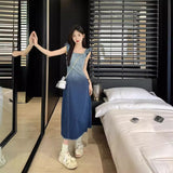 2025 Gradual change of color denim strap dress women's summer  new Xiaofei sleeve design feeling waist and thin A-shaped skirt