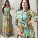 New Arrivals Dress For Women's Muslim French Elegant Long Sleeve Blouse Collar Dress Middle East Pearl Green Printed Skirt