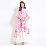 new  holiday style elegant long dress women's strap waist lantern sleeve printed pendulum dress