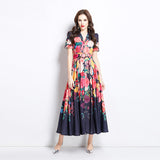 summer new  fashion suit collar short sleeve waist single-breasted printed dress women's  dress