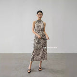 goosudu Es Modish New Chinese Style Cheongsam Style Flower in Ink Sleeveless Buckle Waist-Tight Dress