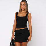 GOOSUDU popular 2025 autumn popular women's clothing lace suspender square neck Spice Girl top solid color hip skirt set