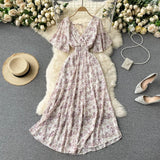 Seaside Holiday Dress Summer 2024 New Sexy V-neck Tight Waist Slimming Long Chiffon Floral Beach Dress