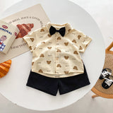 INS Boy  Summer Handsome Gentleman Bow Tie Short Sleeve Printed Bear Shirt Shorts Two-Piece Suit