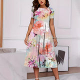 2024 New   plus Size Women's Clothing Temu European and American Style Spring and Summer Flower Print Short Sleeve Dress