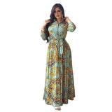 New Arrivals Dress For Women's Muslim French Elegant Long Sleeve Blouse Collar Dress Middle East Pearl Green Printed Skirt