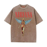 GOOSUDU Nirvana Band Rock Nirvana Cobain Cococoben Worn Looking Washed-out Vintage Batik Loose T-shirt