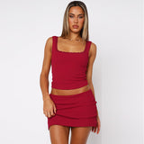 GOOSUDU popular 2025 autumn popular women's clothing lace suspender square neck Spice Girl top solid color hip skirt set