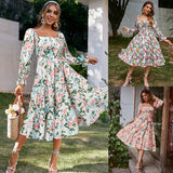 2025 summer new  2025 New Popular trade square collar horn long sleeve high waist dress loose dress