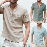 GOOSUDU Summer New Cotton and Linen Short-Sleeved Men's T-shirt Stand Collar Buckle Half Cardigan Simple Short-Sleeved Shirt