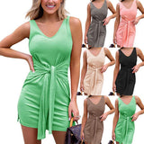 2024  Summer Women's Clothing Short Skirt New New Casual Slim-Fit Lace up Waist Tight Solid Color Dress