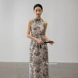 goosudu Es Modish New Chinese Style Cheongsam Style Flower in Ink Sleeveless Buckle Waist-Tight Dress