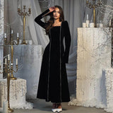 ANTMVS2025 style new autumn and winter party dress  lady dress, Korean velvet horn sleeve square collar A-shaped long dress for women